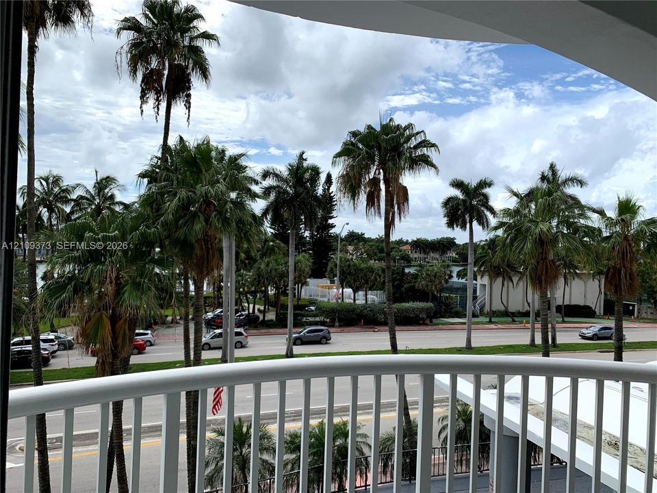Covered balcony featuring white vertical railings and mature palm trees