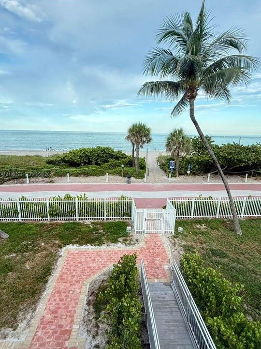 Private walkway featuring red brick pavers, a white picket fence with gated access, and mature palm trees