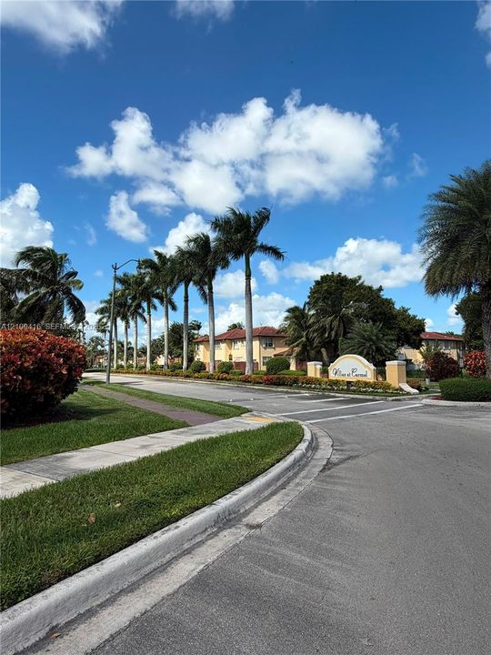 Community entrance featuring stone monument signage, palm tree-lined paved streets, and landscaped grass buffers