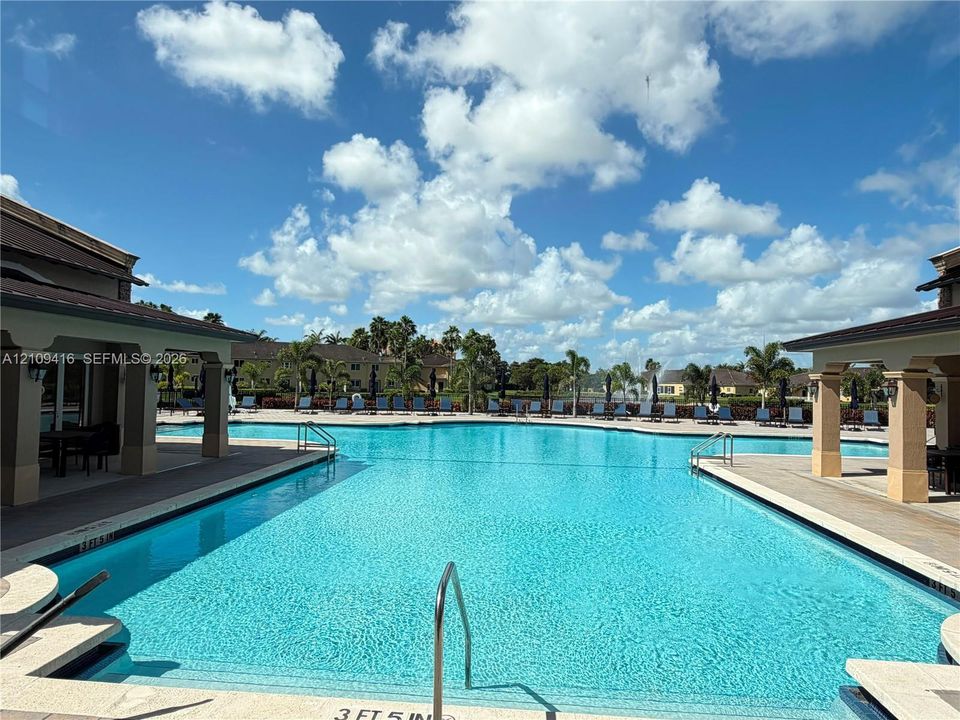 In-ground swimming pool featuring a concrete surround, covered patio areas, and integrated water features