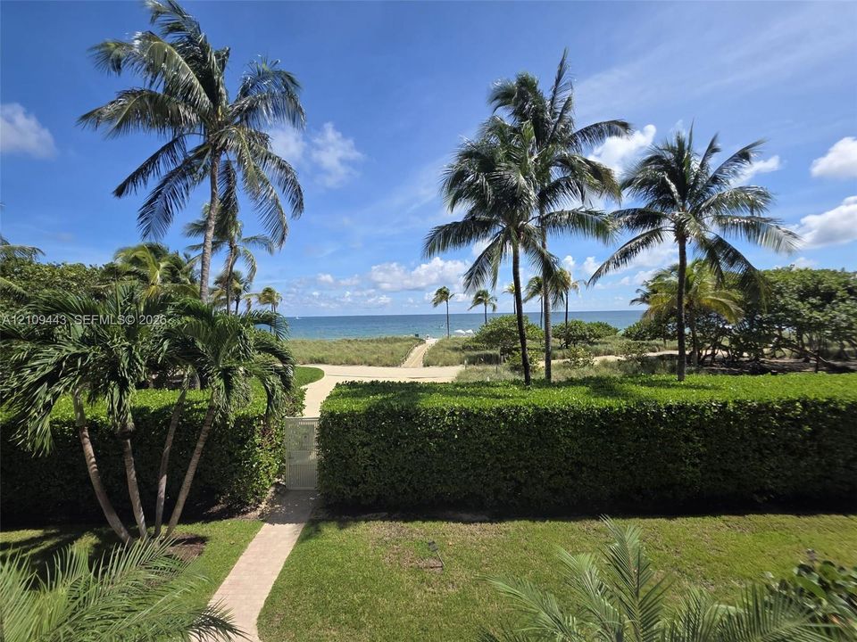 Manicured privacy hedges, mature palm trees, paved stone pathways, and open coastal water frontage