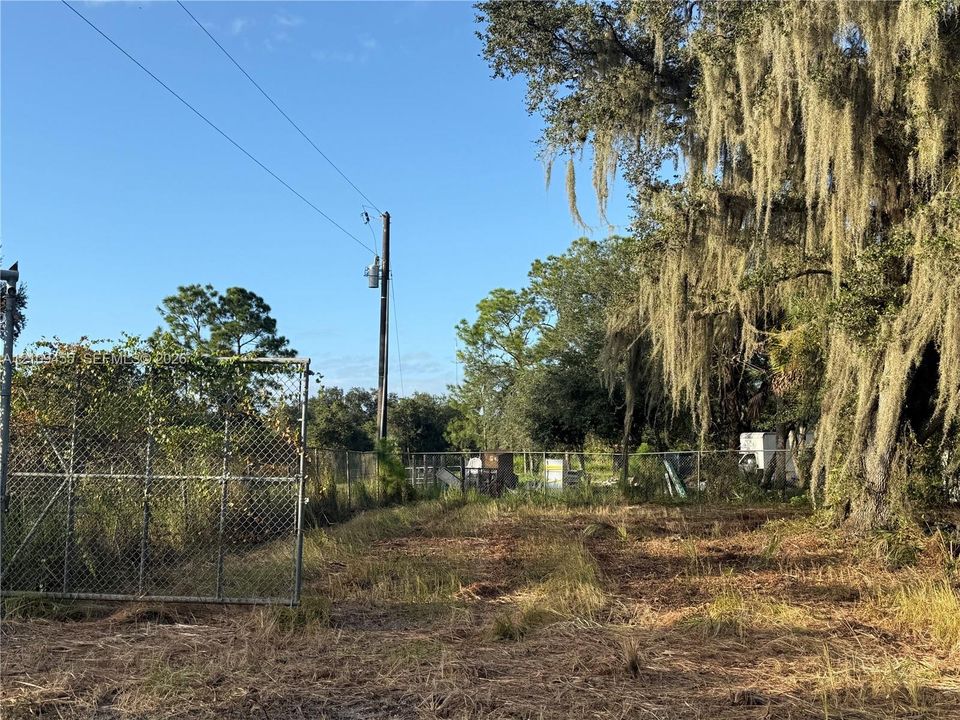 Expansive level lot featuring chain-link perimeter fencing and mature trees with moss canopy