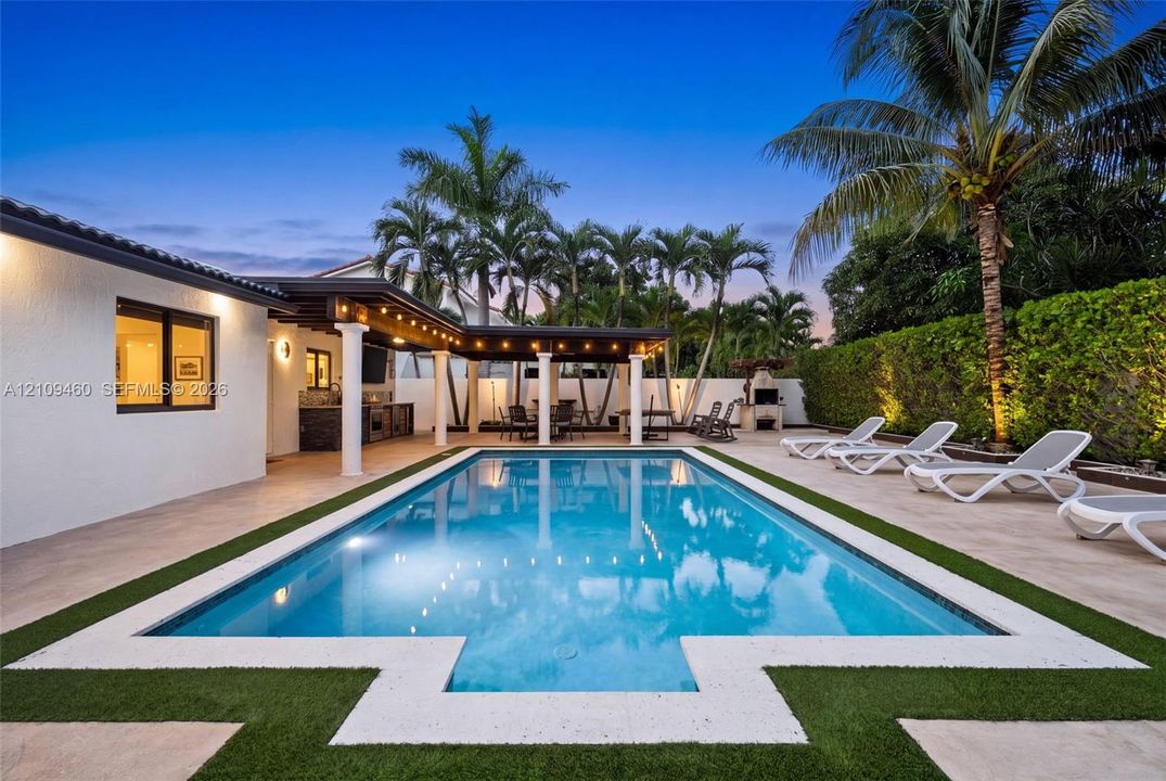 Pool and patio at dusk