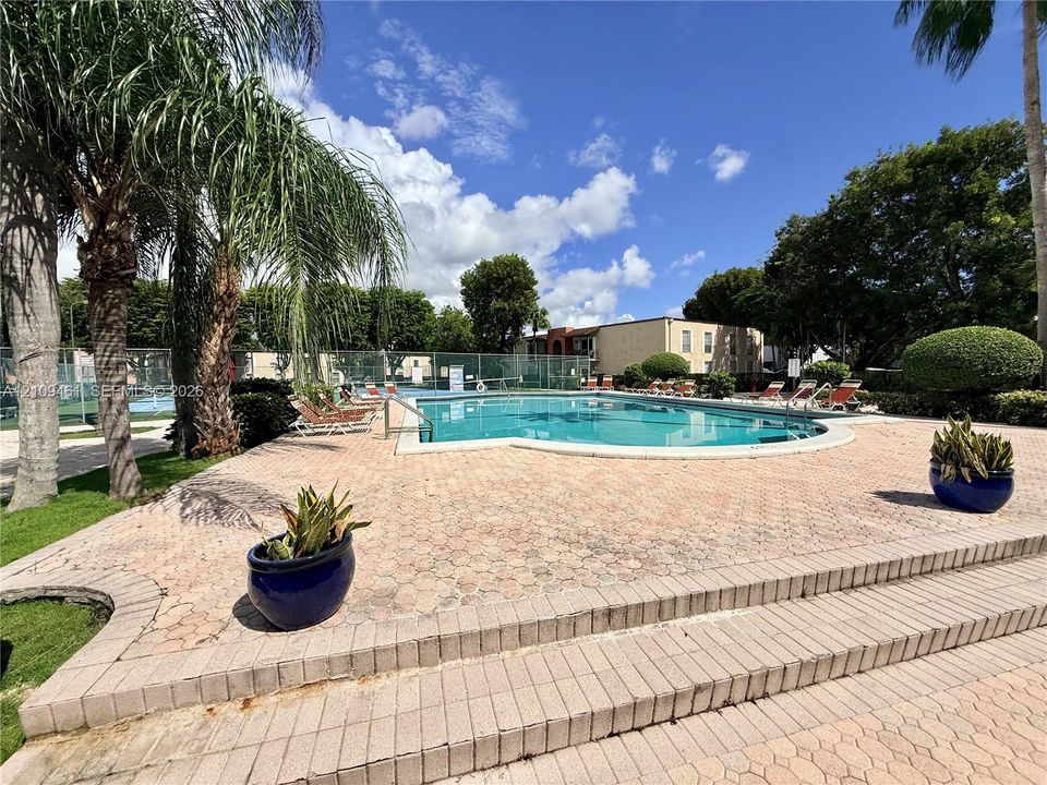 In-ground swimming pool featuring a brick-paver deck, tiered stone stairs, perimeter metal fencing, and mature palm trees