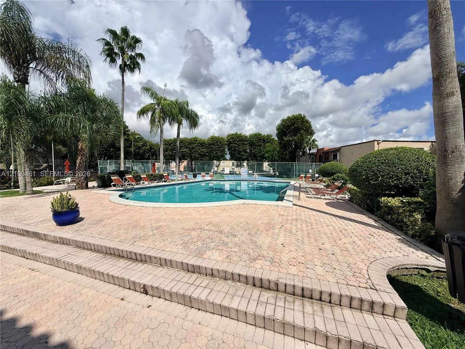 In-ground swimming pool featuring paver decking, multi-level stairs, and mature palm trees