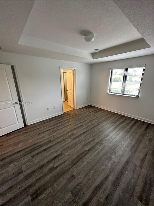 Room featuring a tray ceiling, wood-finish flooring, two interior doors, and a window with horizontal blinds