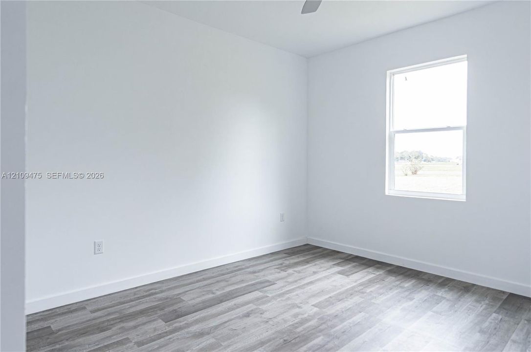 Neutral interior room featuring wood-finish flooring, crisp white wall paint, and a single-hung window with natural light