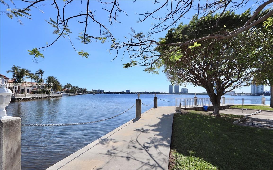 Waterfront bulkhead with a concrete walkway, chain-link railing, and mature shade tree