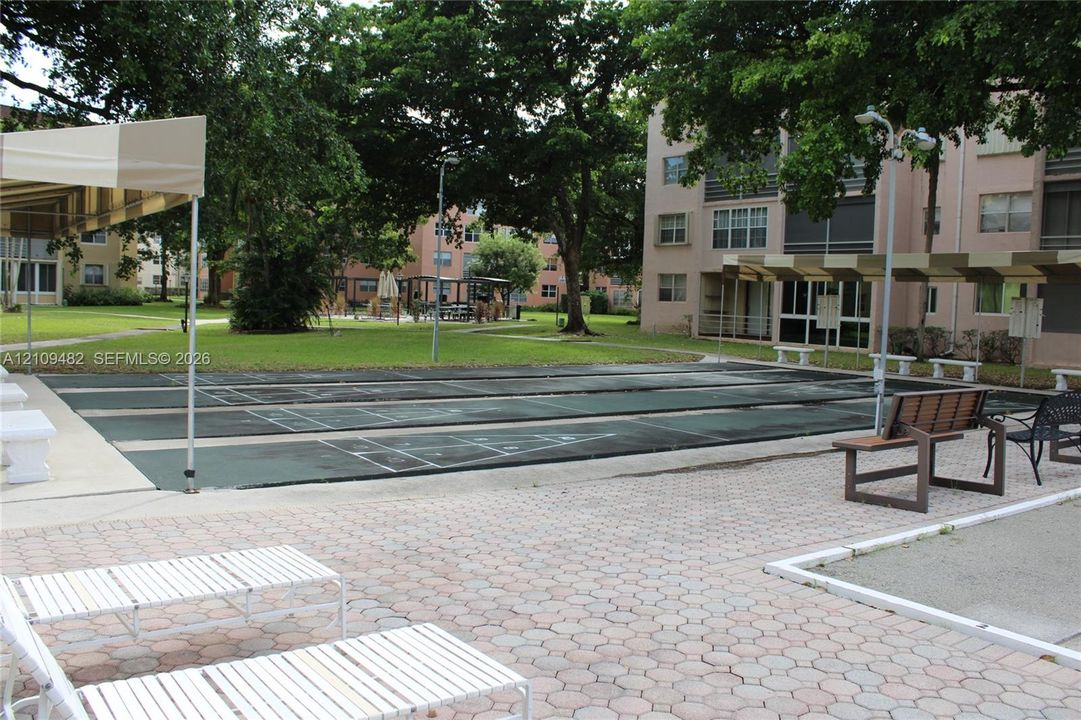 Outdoor shuffleboard court featuring a paved concrete surface with marked playing areas, surrounded by stone-paver hardscaping and mature shade trees