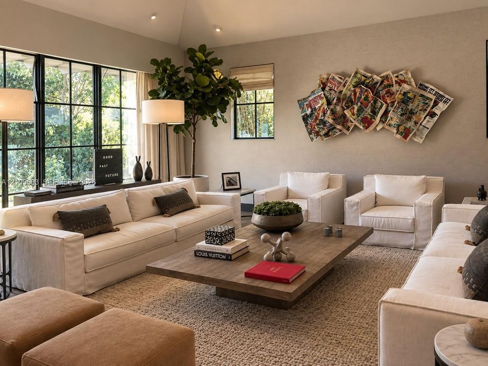 Vaulted ceilings, large-format black-frame windows, recessed lighting, and textured wall coverings