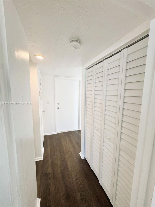 Interior corridor featuring wood-finish flooring and floor-to-ceiling white louvered closet doors