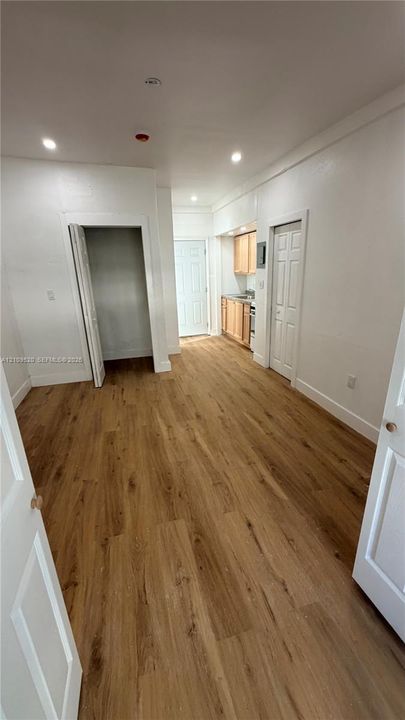 Wood-finish flooring, recessed lighting, wood cabinetry, and paneled doors