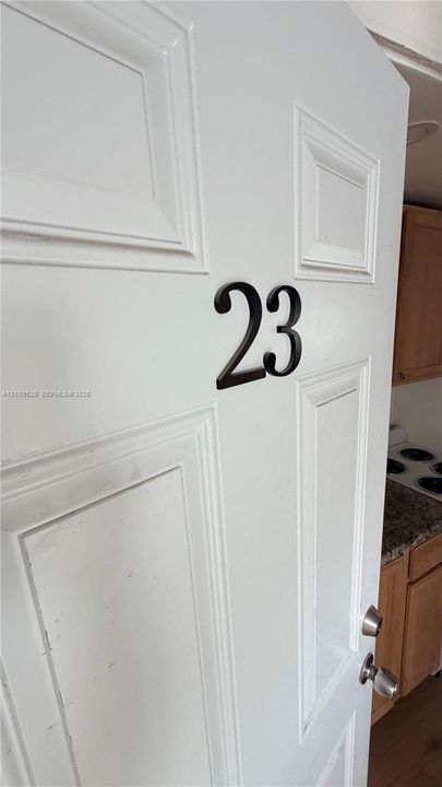 White four-panel door featuring black metallic house numerals and a polished chrome lever handle