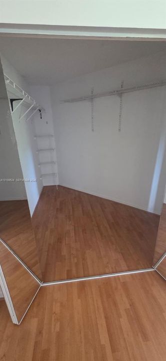 Walk-in closet featuring wood-finish flooring, full-height mirrored sliding doors, and white wire shelving