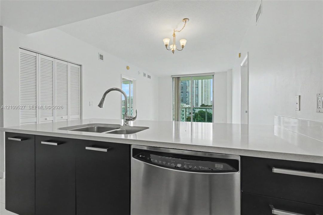 Kitchen featuring a solid-surface countertop, stainless steel dishwasher, undermount dual-basin sink with gooseneck faucet, flat-panel dark cabinetry, and white louvered closet doors
