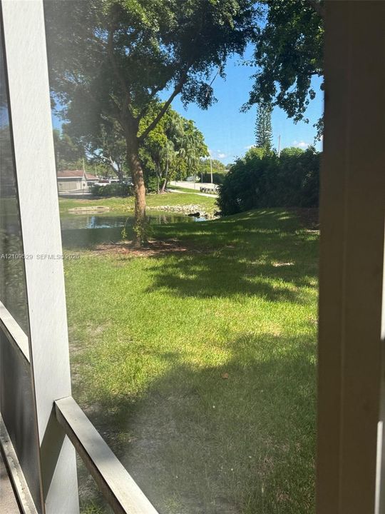 Screened-in enclosure looking out toward a pond, mature trees, and grass lawn