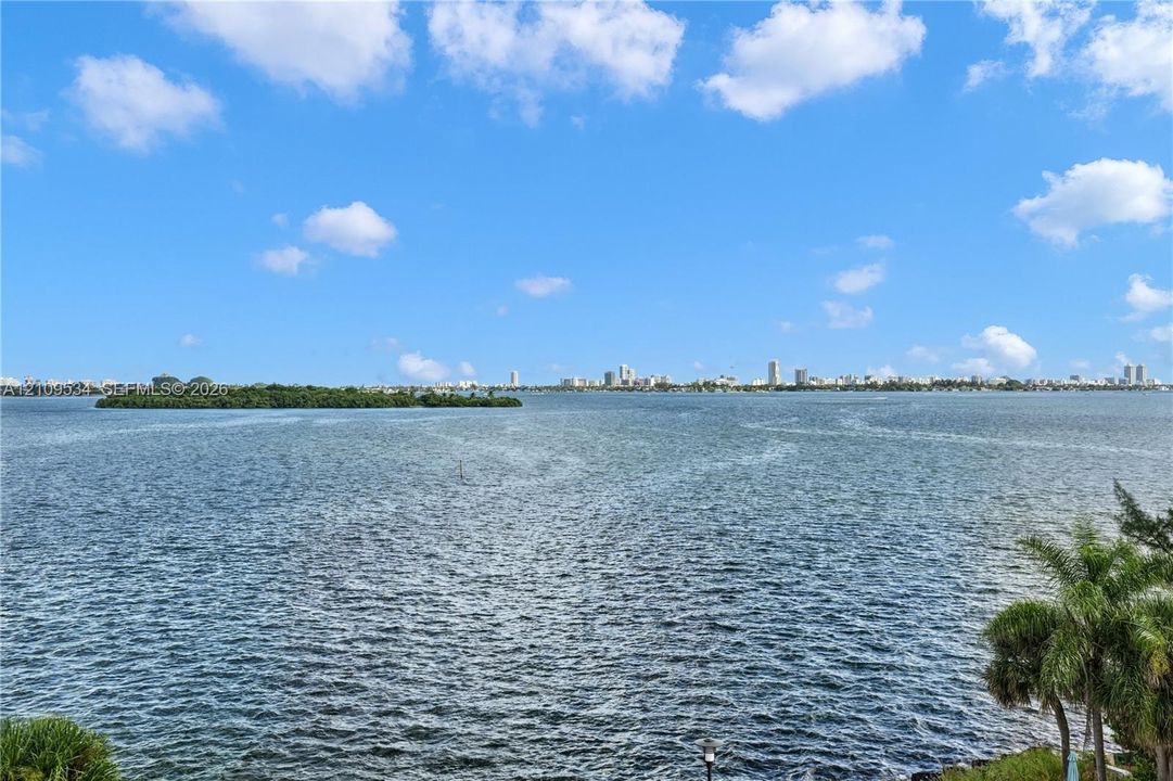 Panoramic water frontage featuring a wide-angle perspective of a bay and a distant metropolitan skyline