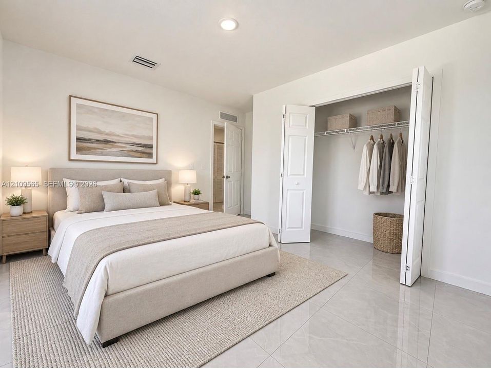 Neutral-toned ceramic tile flooring, recessed ceiling lighting, and a bi-fold closet door with integrated wire shelving