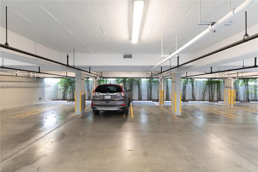 Covered parking garage featuring concrete flooring, structural support pillars, overhead fluorescent lighting, and perimeter foliage