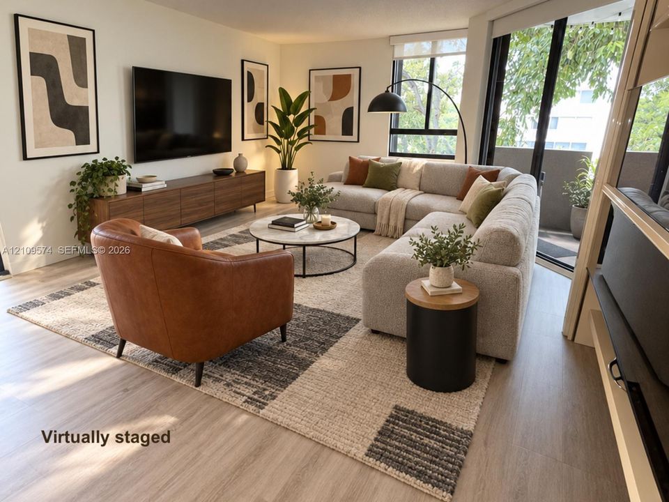 Staged. Vinyl Wood-finish flooring, floor-to-ceiling windows, and sliding glass door access to a private balcony