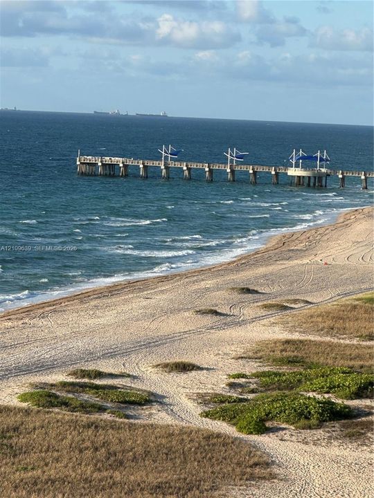 Pompano Pier - Direct oceanfront property featuring a sandy beach, dunes with native vegetation, and a structural pier