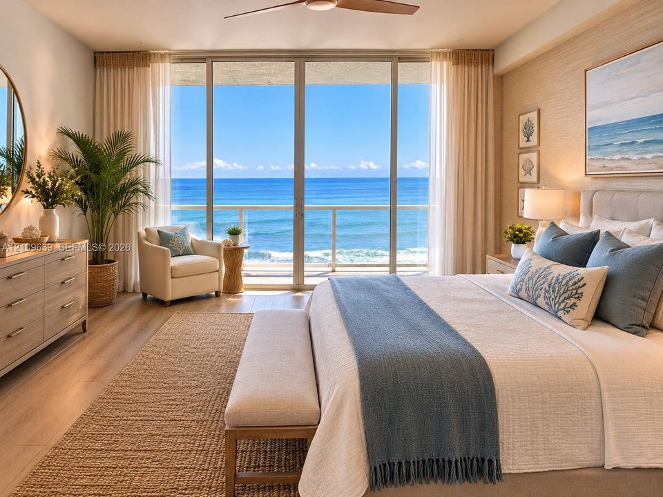 Floor-to-ceiling glass sliding doors, ocean backdrop, wood-finish flooring, textured wall covering, and integrated ceiling fan