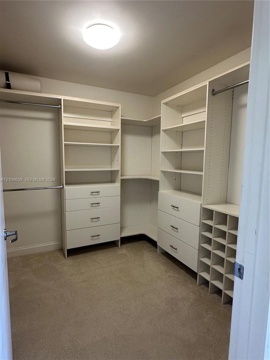 Walk-in closet featuring floor-to-ceiling built-in white cabinetry, multi-level hanging rods, integrated drawer banks, and dedicated shoe shelving