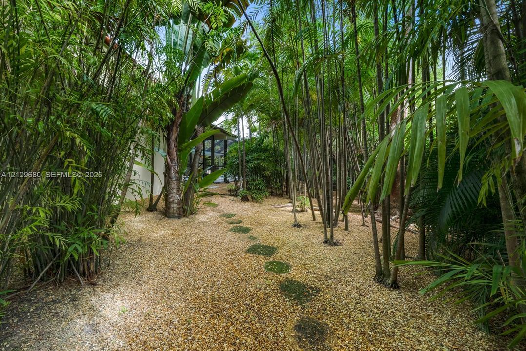Landscaped grounds featuring a gravel pathway, stone steppers, and mature bamboo groves