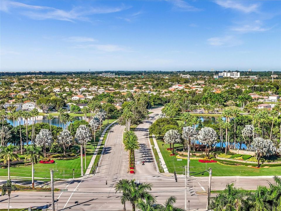 Aerial perspective featuring mature palm trees, landscaped green spaces, and community lakes