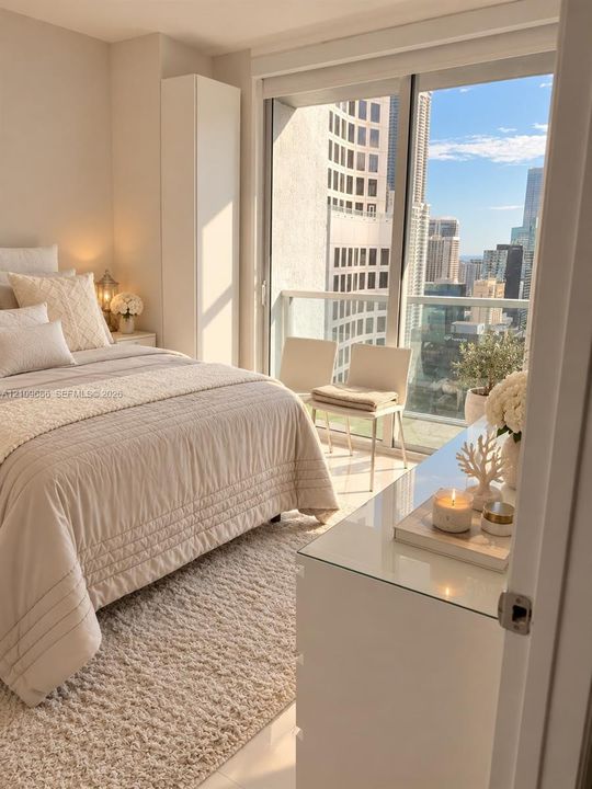 Floor-to-ceiling glass sliding doors, private balcony with metal railing, and built-in vertical cabinetry