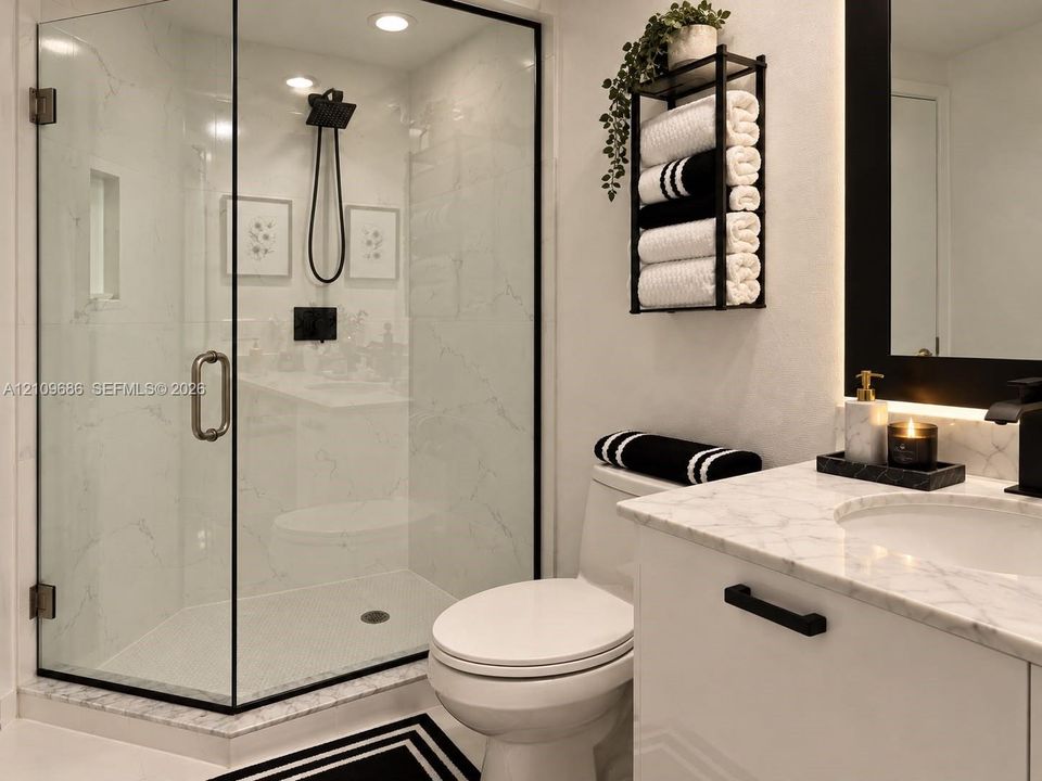 Walk-in shower with black-trimmed glass enclosure, stone-finish wall tile, and black rainfall showerhead