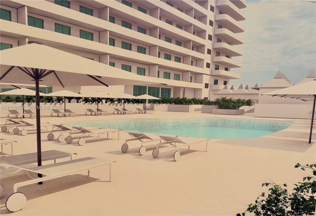 Outdoor swimming pool featuring a concrete terrace, built-in planters, and a multi-story exterior facade with cantilevered balconies