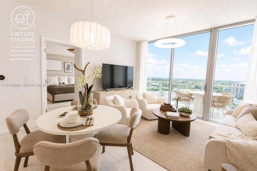 Floor-to-ceiling glass windows, private balcony, wood-finish flooring, and modern pendant lighting