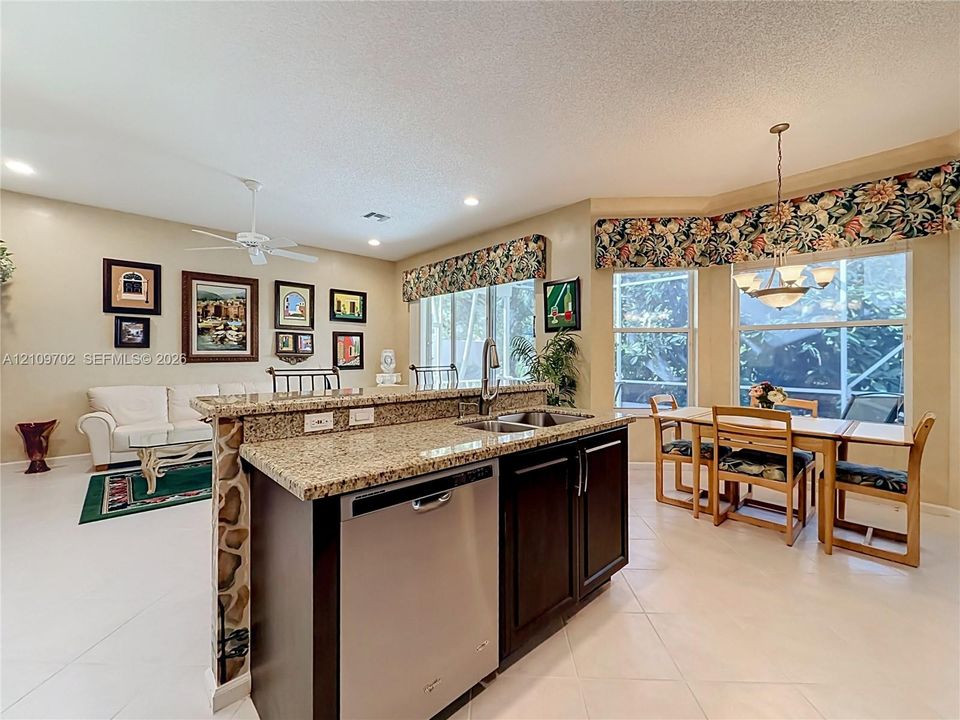 Kitchen island featuring stone countertops, dark-finish cabinetry, stainless steel dishwasher, double-basin undermount sink, and recessed lighting