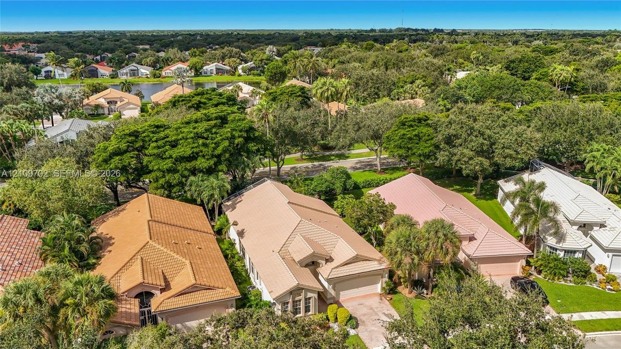 Aerial perspective featuring tile-roofed residences, paved driveways, mature canopy trees, and established landscaping