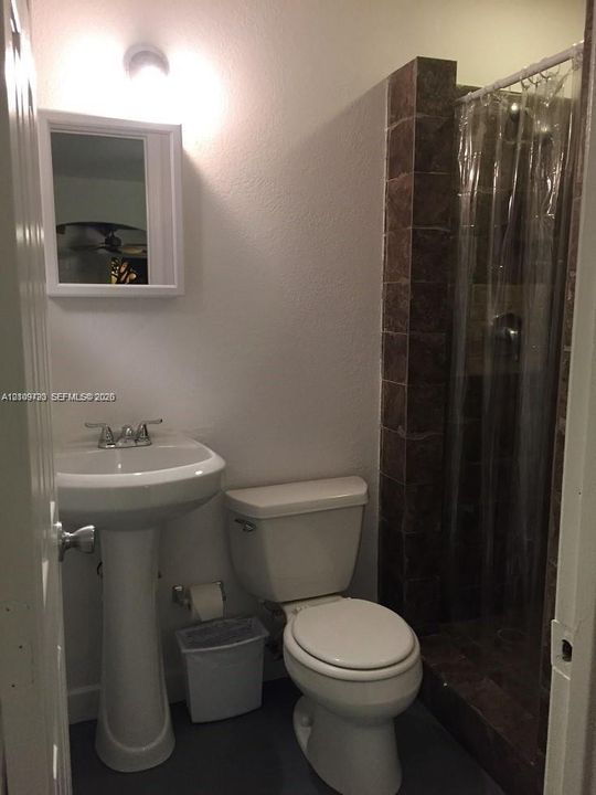 Pedestal sink with dual-handle faucet, wall-mounted medicine cabinet, and walk-in shower featuring dark-toned tile surround