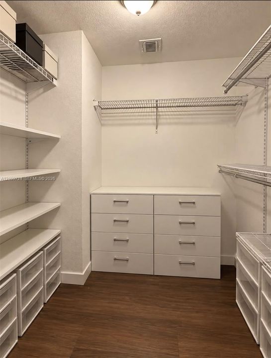 Walk-in closet featuring wood-finish flooring, built-in white cabinetry with eight drawers, adjustable white shelving, and wire storage systems