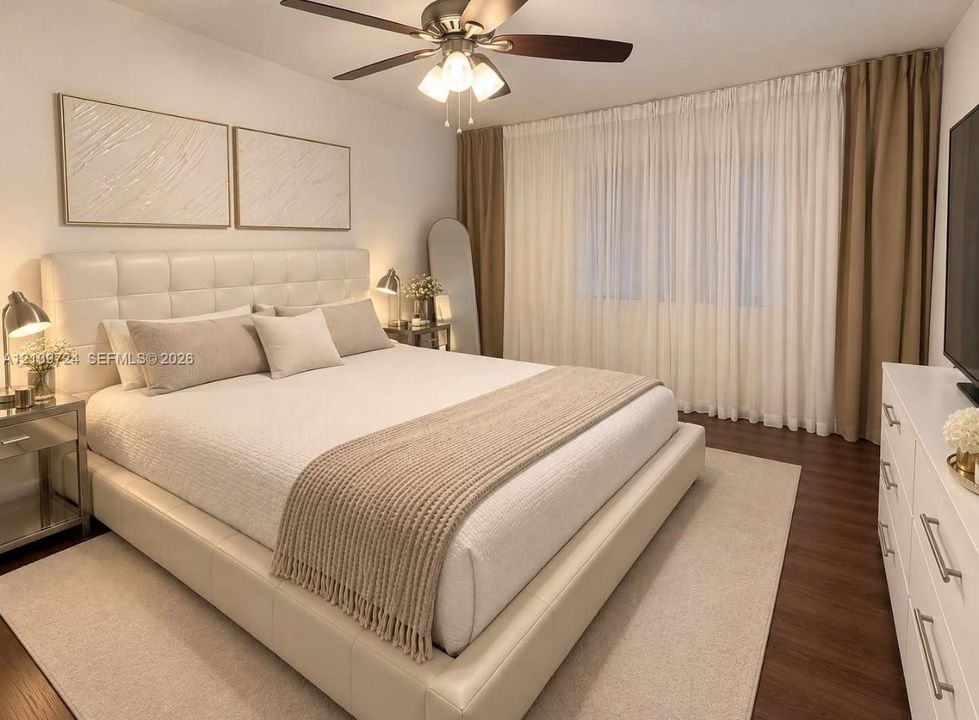 Wood-finish flooring, ceiling fan with integrated lighting, and floor-to-ceiling drapery