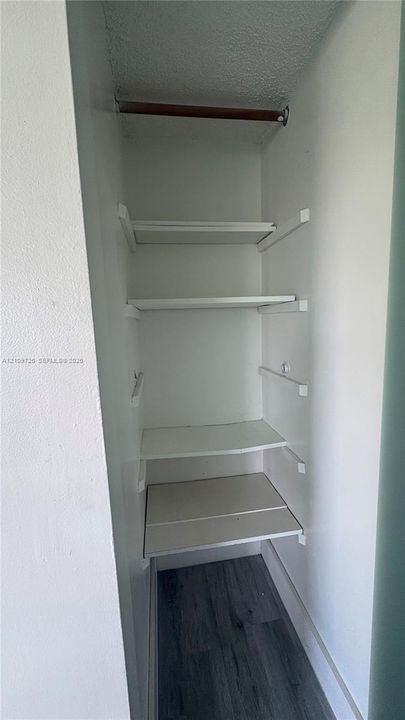 Storage closet featuring white built-in shelving and an integrated hanging rod, finished with wood-finish flooring