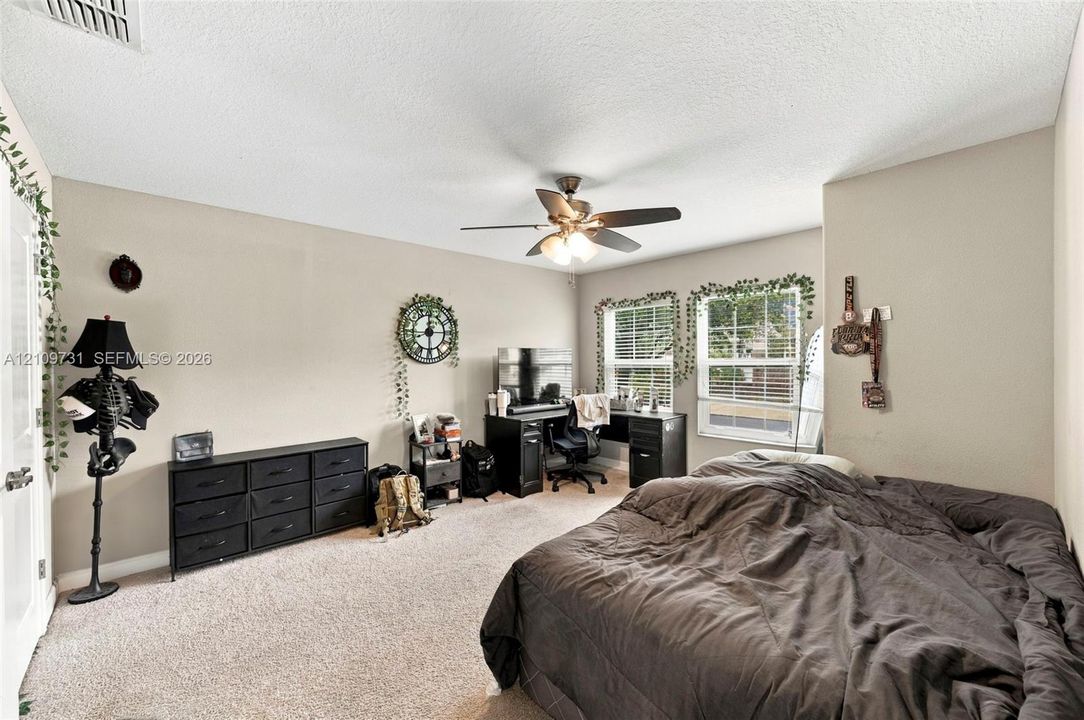 Neutral-toned room featuring neutral carpeting, dual windows, and a central ceiling fan with integrated lighting