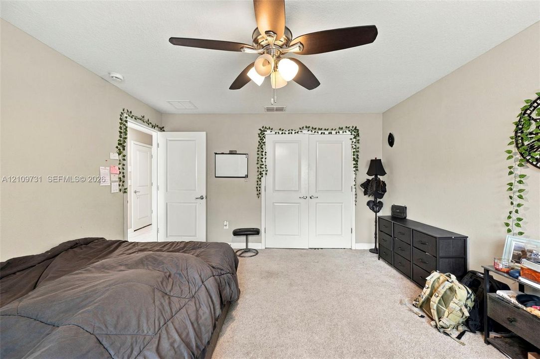 Neutral wall tones, carpeting, ceiling fan with integrated lighting, and dual-panel interior doors