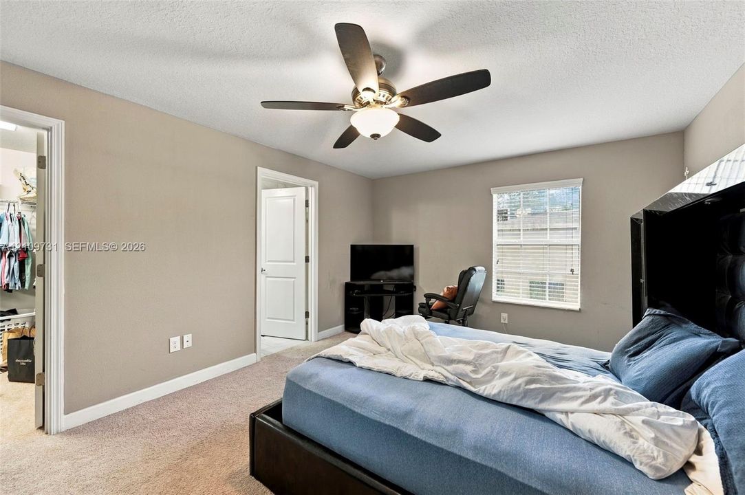 Neutral-toned room with wall-to-wall carpeting, multi-pane window, and a central ceiling fan with integrated lighting