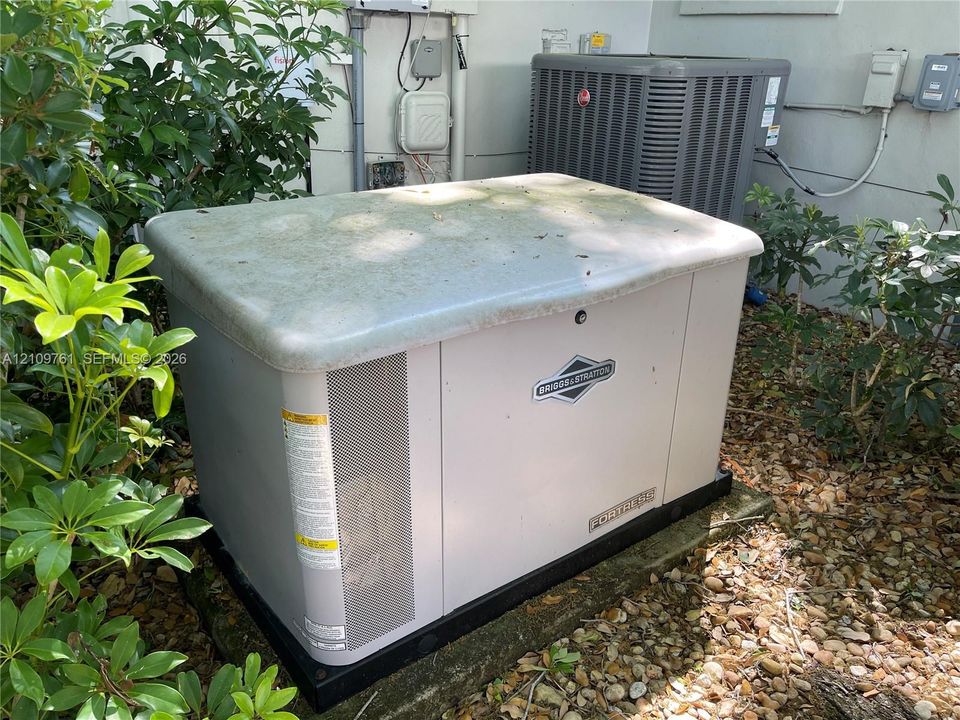 Permanent whole-home standby generator and exterior central air conditioning unit