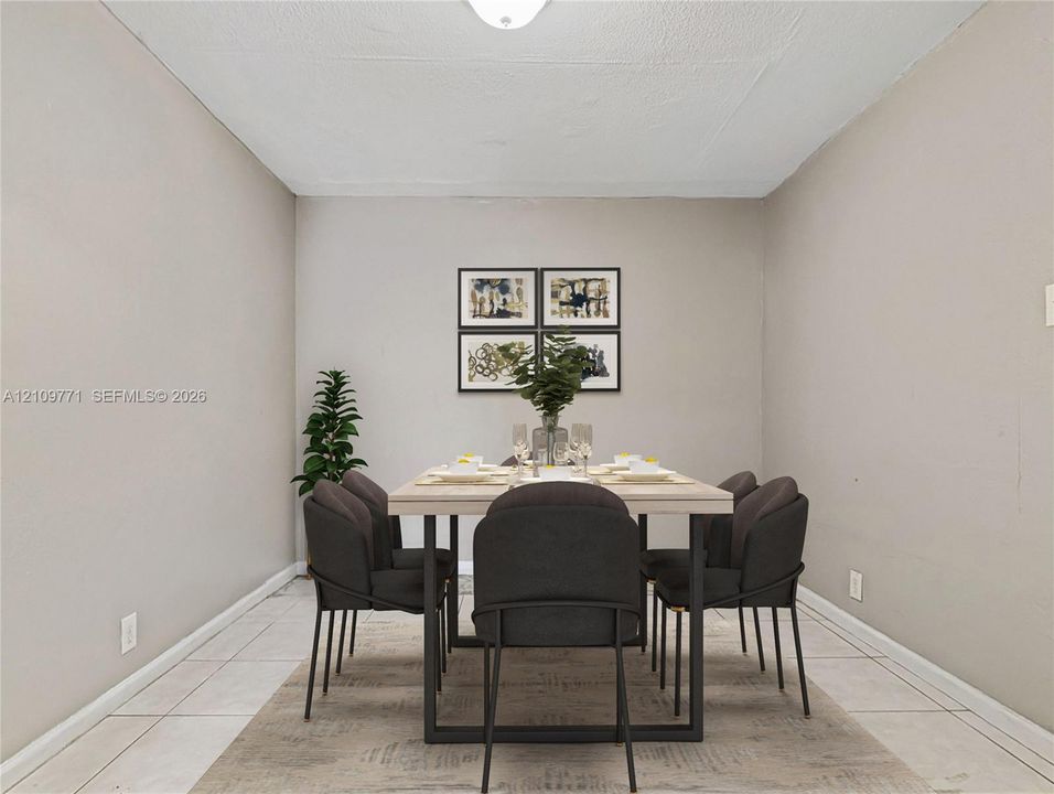 Neutral-toned interior space featuring light-colored floor tiling and a center-mounted ceiling light fixture