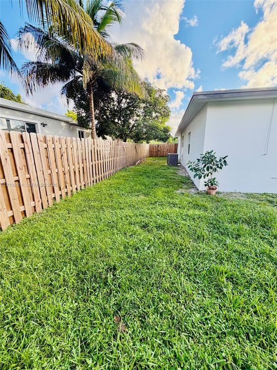 Side yard featuring a wood fence, mature palm tree, and grass lawn