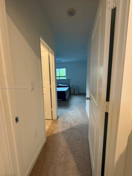 Interior hallway featuring neutral carpeted flooring and white paneled doors