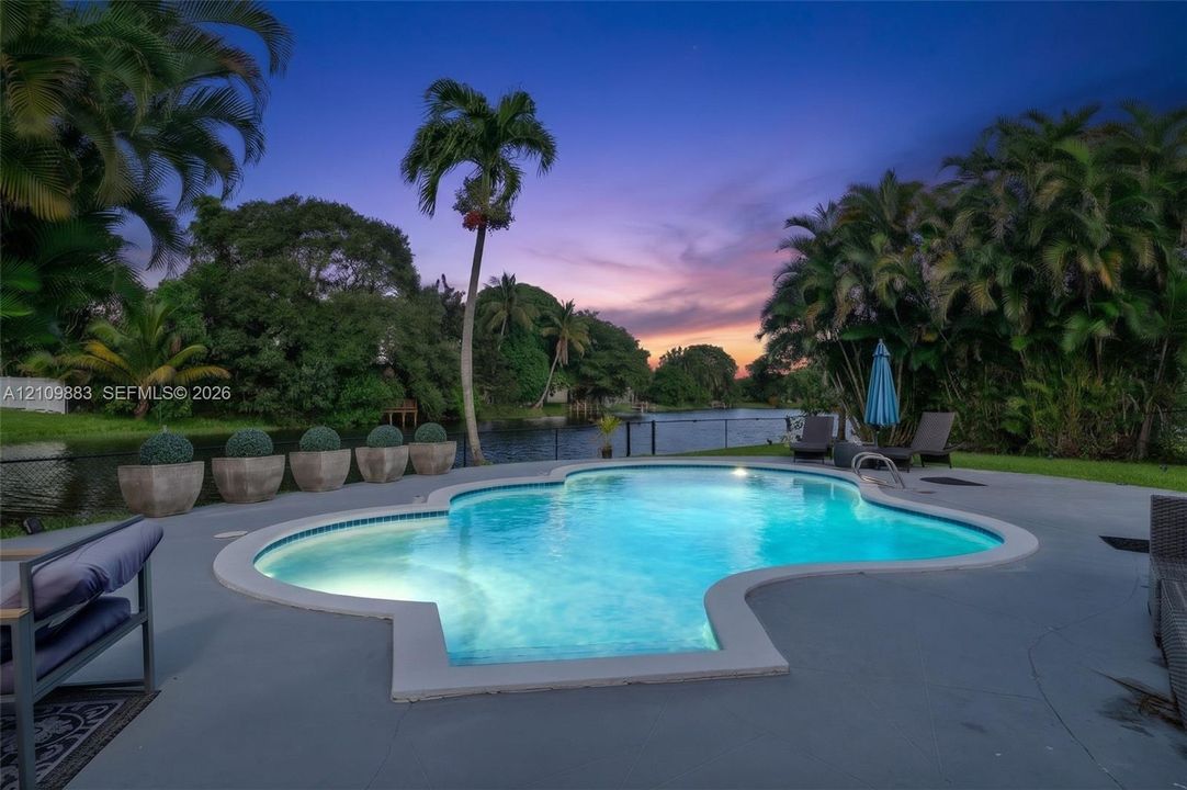 Freeform swimming pool with a concrete pool deck, water frontage, and mature palm trees