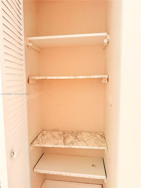 Storage closet featuring louvered door and multi-tier shelving with varied surface finishes