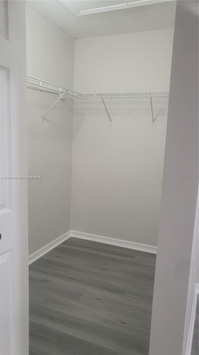 Walk-in closet featuring wood-finish flooring and wire shelving