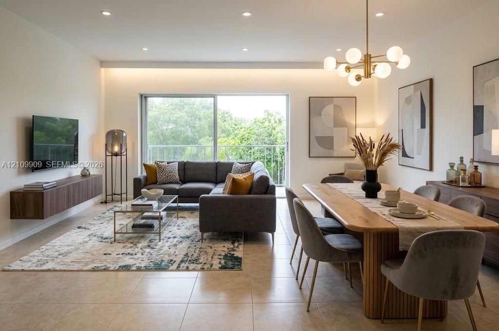Open-concept living space featuring neutral tile flooring, recessed ceiling lighting, a contemporary brass-finished multi-globe chandelier, a wall-mounted floating wood-finish media console, and a large sliding glass door with balcony access